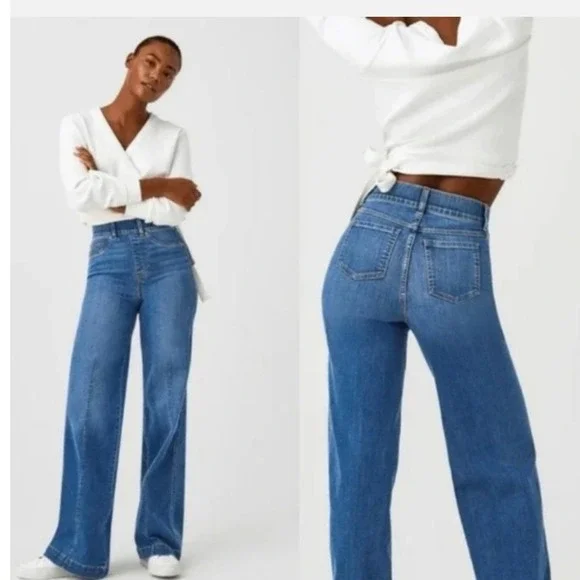 Spanx Seamed Front Wide Leg Jeans Vintage Indigo High Rise Pull On 20407R 1X - Picture 1 of 9
